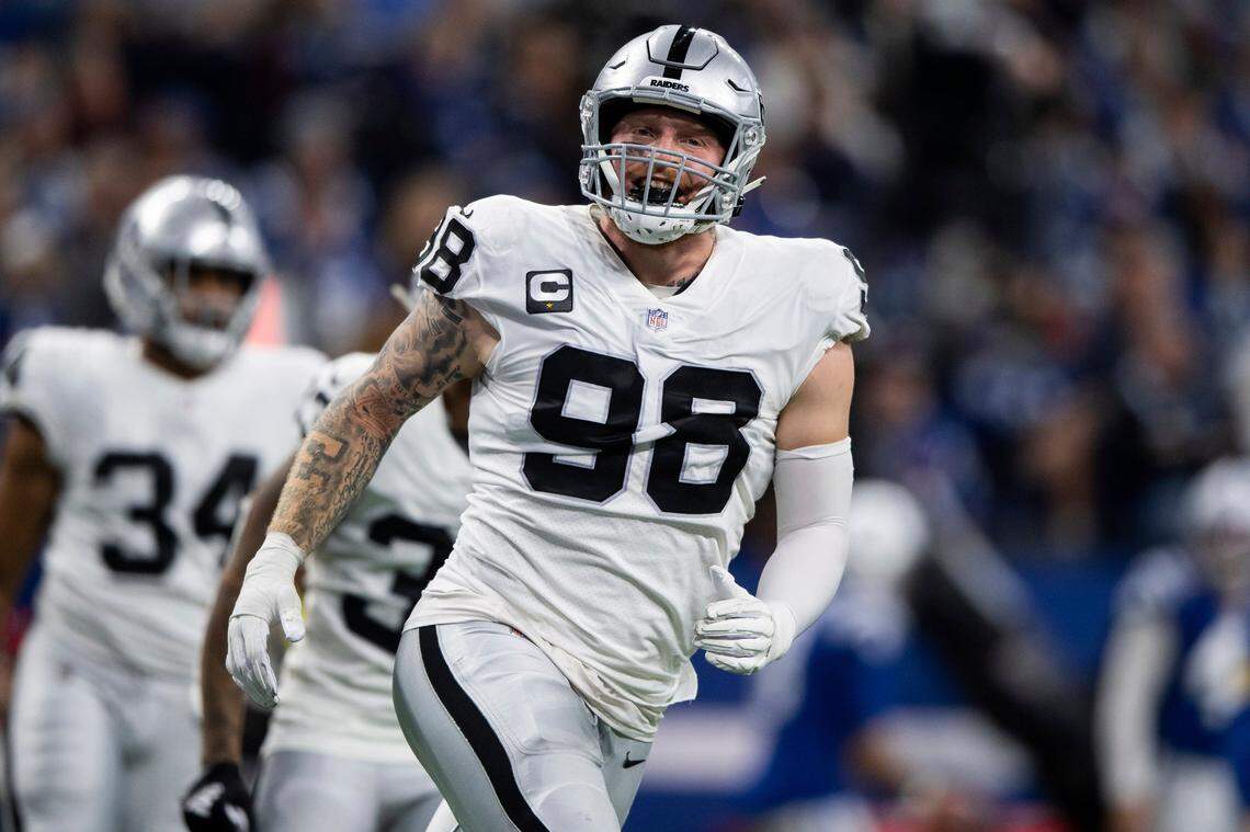 Las Vegas Raiders defensive end Maxx Crosby celebrates after a defensive stop during an NFL football game against the Indianapolis Colts, Sunday, Jan. 2, 2022, in Indianapolis.