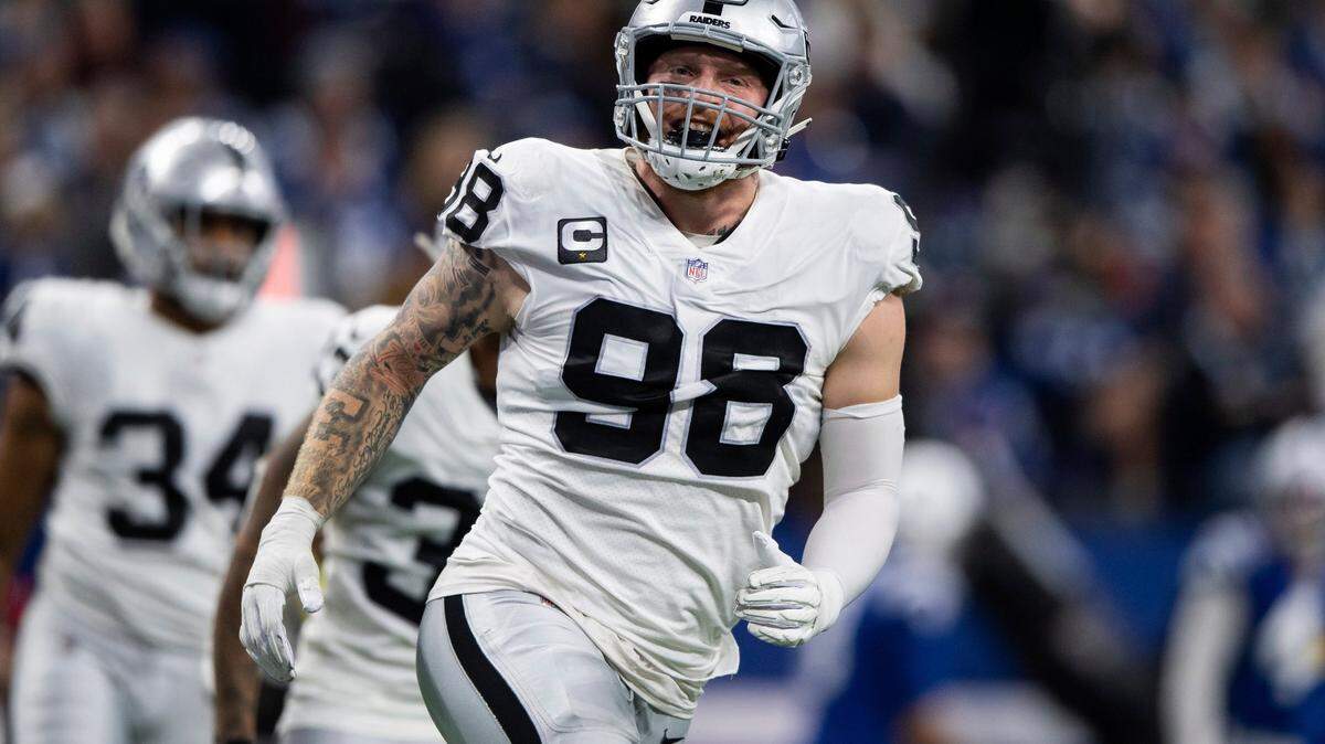 Las Vegas Raiders defensive end Maxx Crosby celebrates after a defensive stop during a game against the Indianapolis Colts, Sunday, Jan. 2, 2022, in Indianapolis.