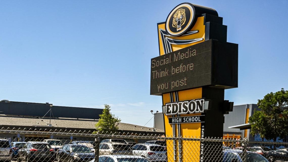 The front of Edison High School in Fresno which was the subject of a shooting threat posted on social media that resulted in the arrest of a 14-year-old.