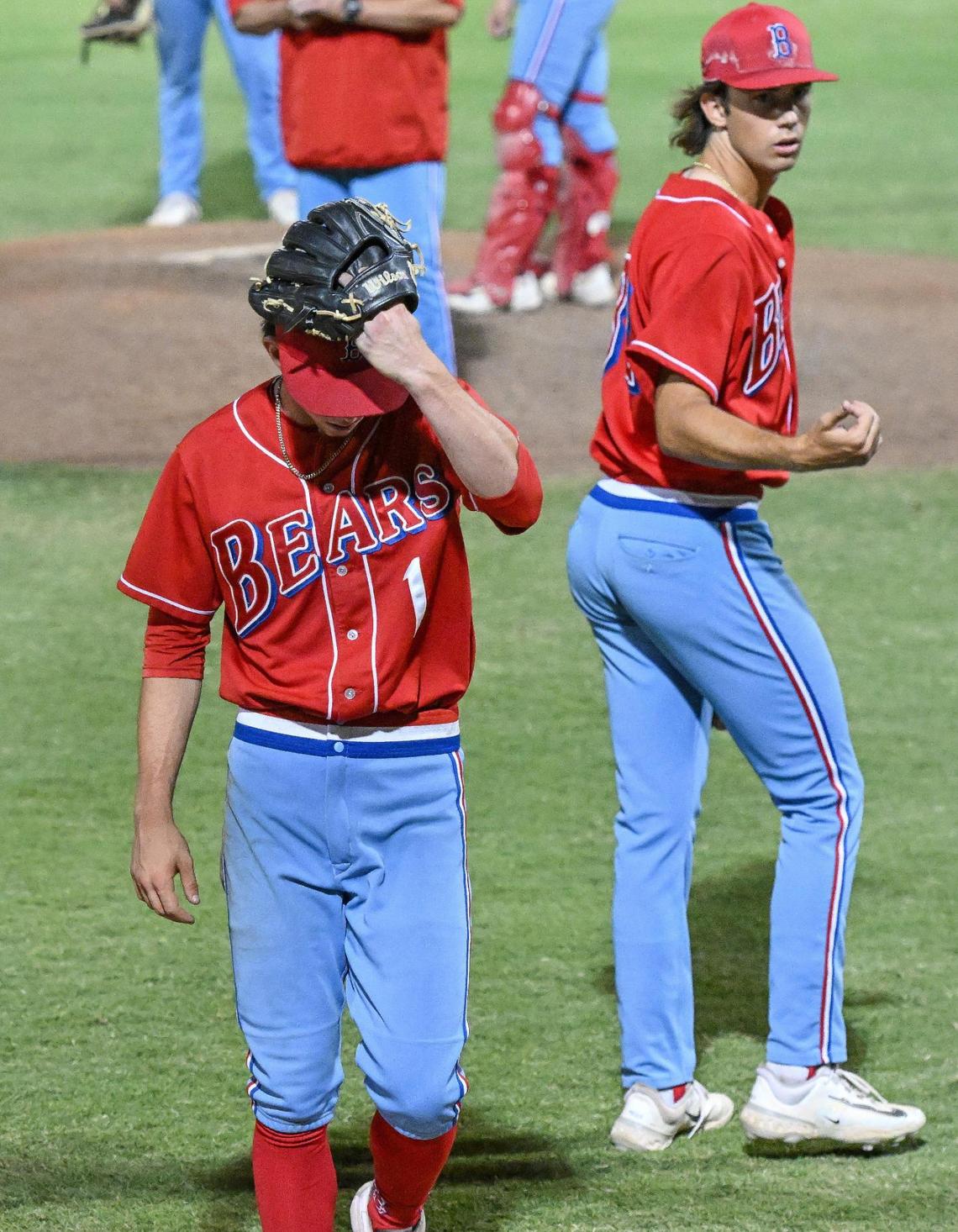 Buchanan pitcher Colton O’Toole walks off the field after giving up a go-ahead three-run home run to Centennial in the 7th inning of their Central Section D-1 baseball championship game at Valley Strong Ballpark on Saturday, May 28, 2023.