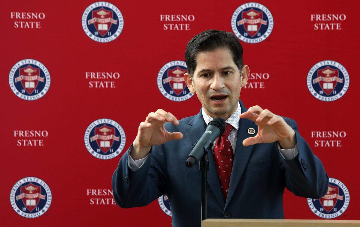 Fresno State President Saúl Jiménez-Sandoval gestures during a May 2021 press conference.