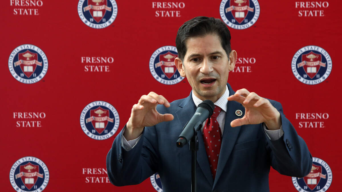Fresno State President Saúl Jiménez-González met with the media on May 19, 2021.