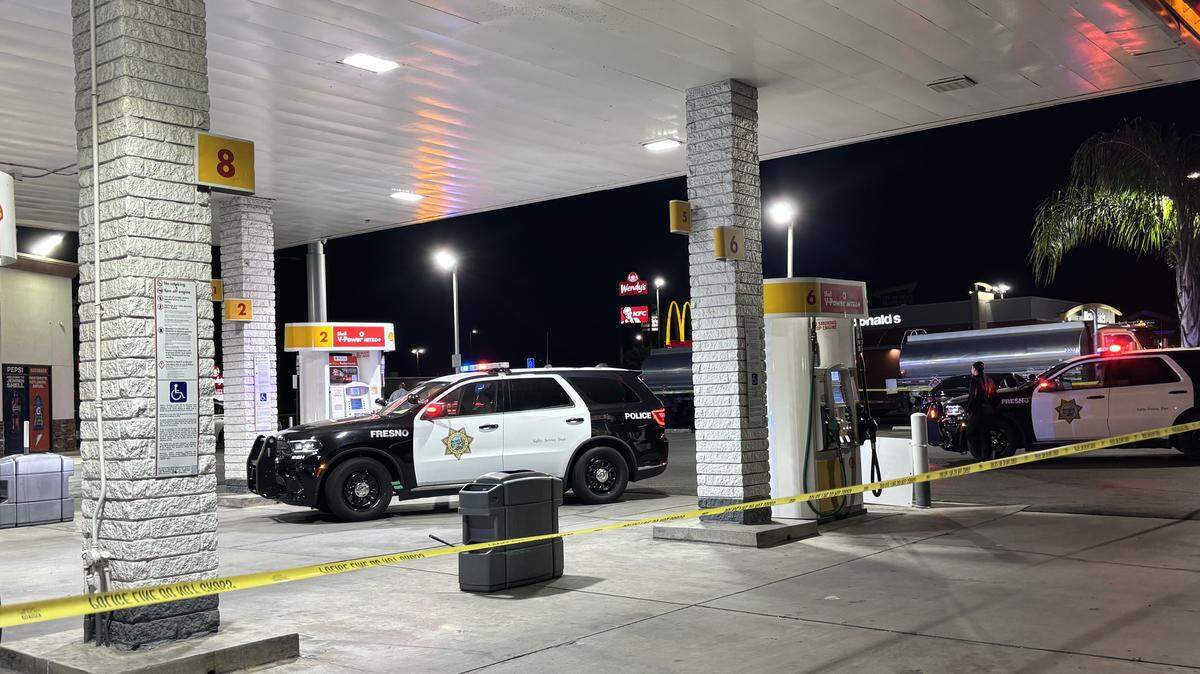 Police blocked off the Shell gas station after a man was stabbed on Saturday, May 23, 2026.