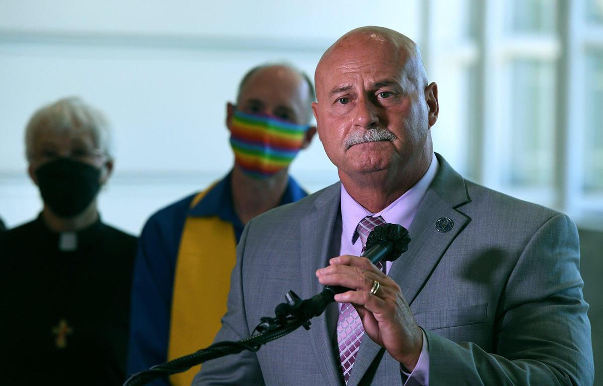 Fresno Mayor Jerry Dyer, in a reversal of an earlier decision, announces plans to raise the Pride flag at one of Fresno City Hall’s three flag poles later this month during a press conference Friday afternoon, June 4, 2021 in Fresno.