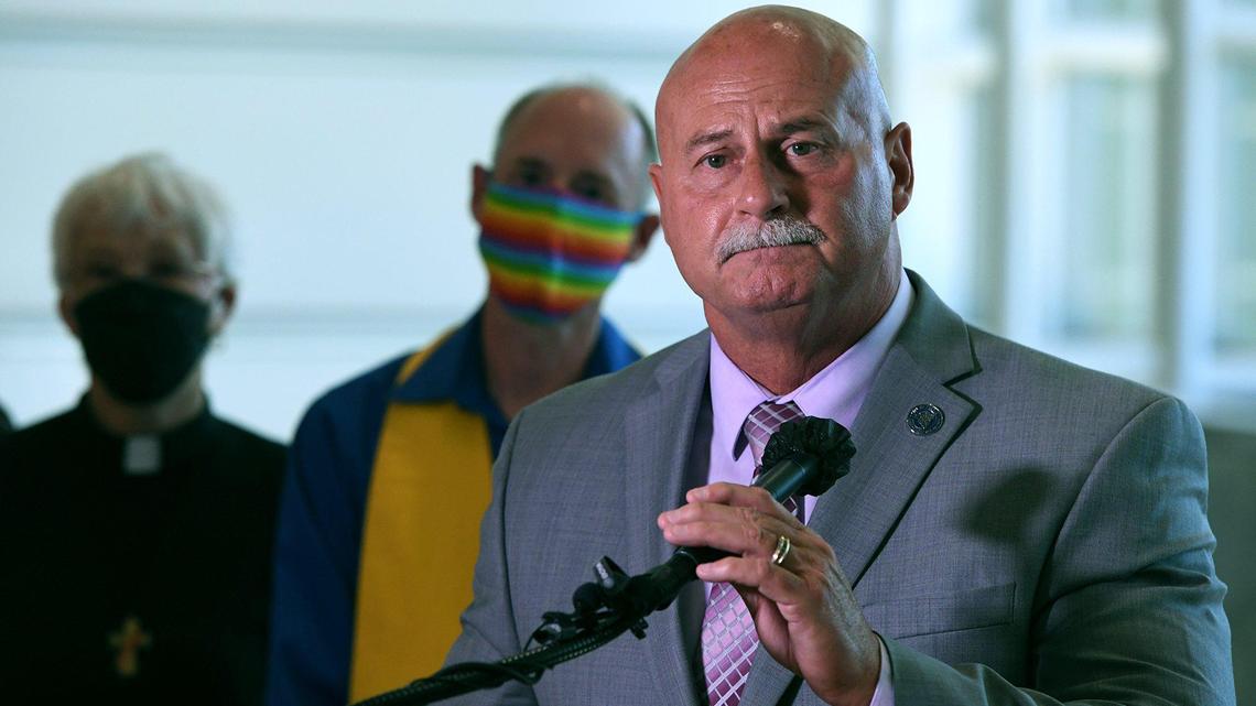 Fresno Mayor Jerry Dyer, in a reversal of an earlier decision, announces plans to raise the Pride flag at one of Fresno City Hall’s three flag poles later this month during a press conference Friday afternoon, June 4, 2021 in Fresno.