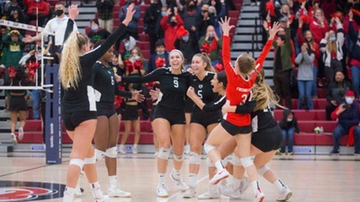 Fresno City College defeated Feather River 25-16, 18-25, 25-22, 25-19 in a state volleyball semifinals in Fresno on Saturday, Dec. 4, 2021.