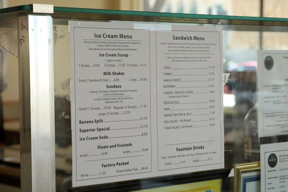 Superior Dairy menu in Hanford, California on Wednesday, March 26, 2025. The beloved ice cream spot, a&nbsp;landmark in the Central Valley since 1929, has new owners - the Zonneveld family, a local dairy family with deep roots in Kings County.&nbsp;