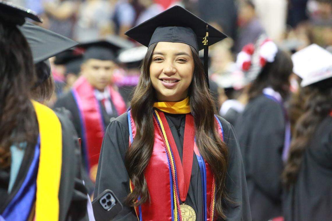 Fresno State’s Tania Castillo during the College of Social Sciences graduation ceremony Friday (May 20) morning at the Save Mart Center. Castillo was selected as the graduate dean’s medalist for the College of Social Sciences. She earned her master’s degree in criminology with a 4.0 GPA.