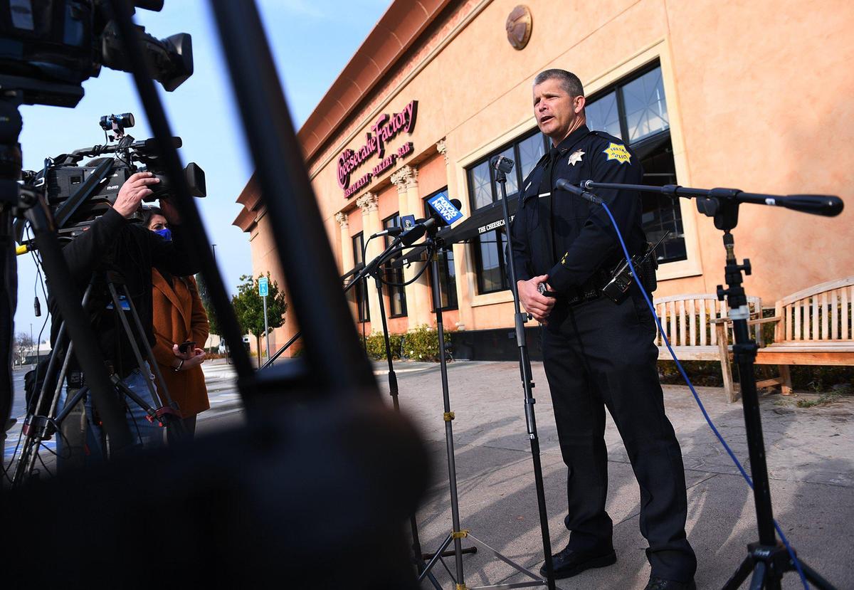 Fresno Police Capt. Tom Rowe announces the arrest of a 17-year old male and an adult male who allegedly fired multiple shots at Fashion Fair Mall Saturday afternoon, during a press conference outside the mall Wednesday, Jan. 6, 2021.