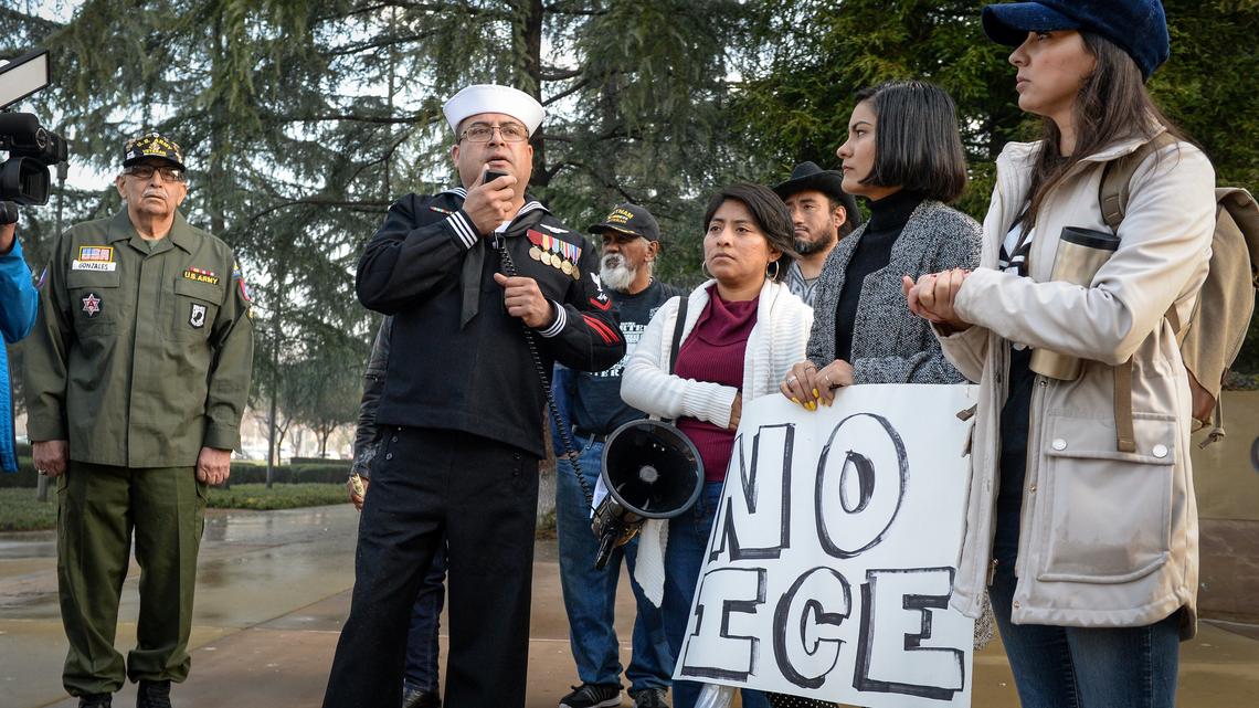 U.S. Navy veteran Joaquin Antonio Sotelo Tarin, center, who is facing deportation to Mexico due to a criminal past, speaks in front of advocates, veterans and community members in front of the Federal Building in downtown Fresno in an attempt to call attention to his case and ask Senator Dianne Feinstein to intervene on his behalf, Thursday, Jan. 31, 2019.