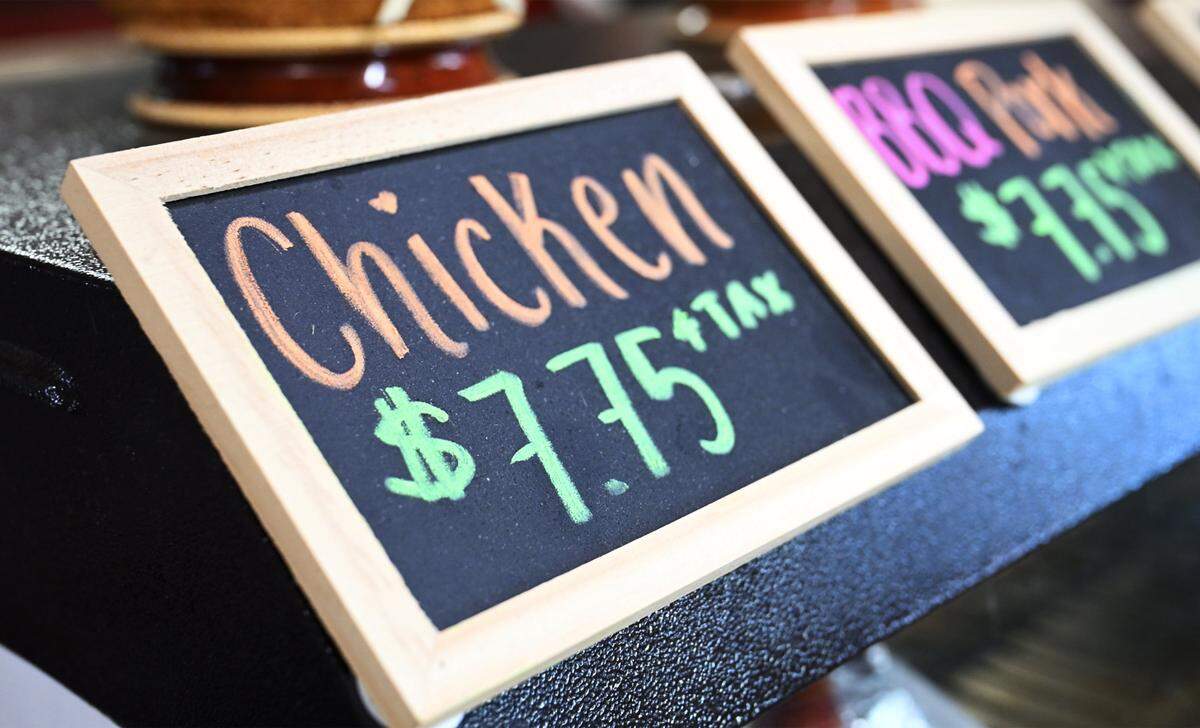 Sweet Mango offers a Chicken and Sticky Rice option for $7.75, one of several places for cheap eats, photographed Monday, May 11, 2026 in Fresno.