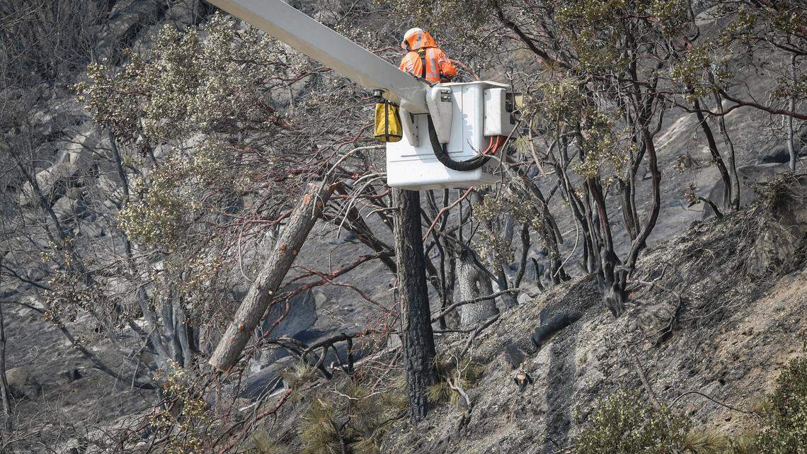 Crews cut burned trees along the four-lane near Pine Ridge on Saturday, Sept. 19, 2020.