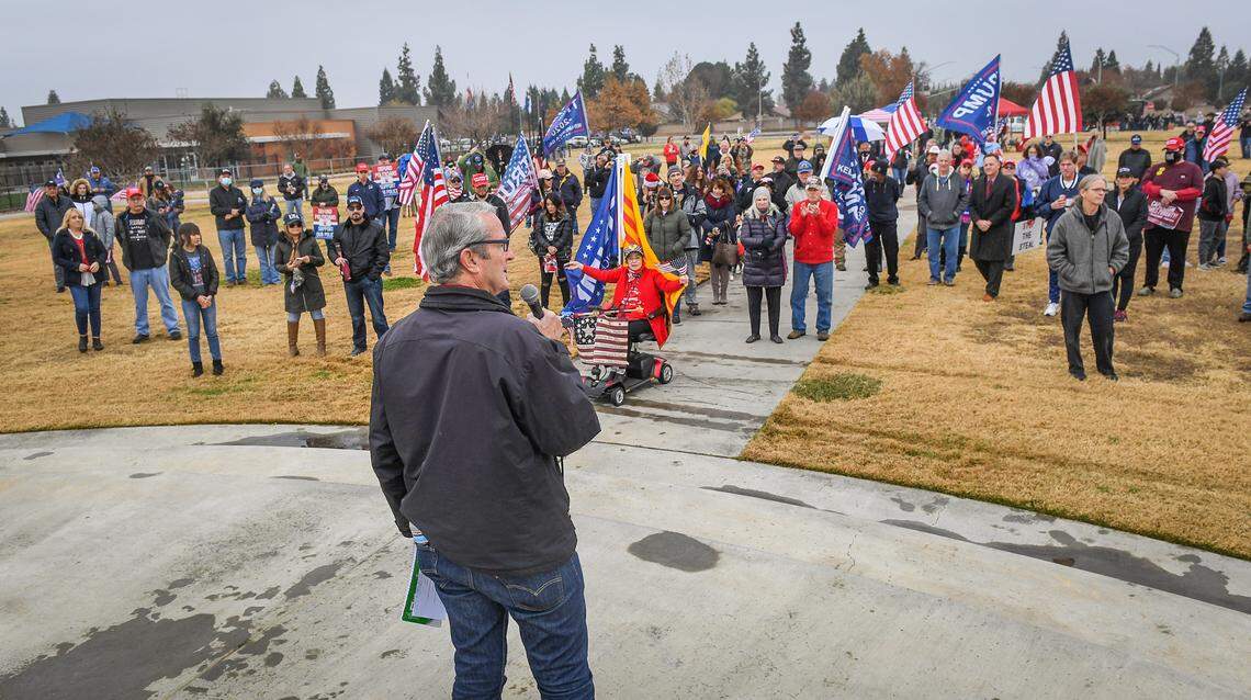Fred Vanderhoof, chairman of the Fresno County Republican Party Central Committee speaks during a rally during a pro Donald Trump rally at Sierra Meadows Park in Clovis on Saturday, Dec. 12, 2020.