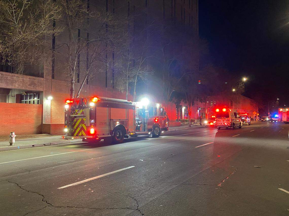 Medical personnel and hazardous materials crews outside the Fresno Jail early Wednesday, March 2, 2022.
