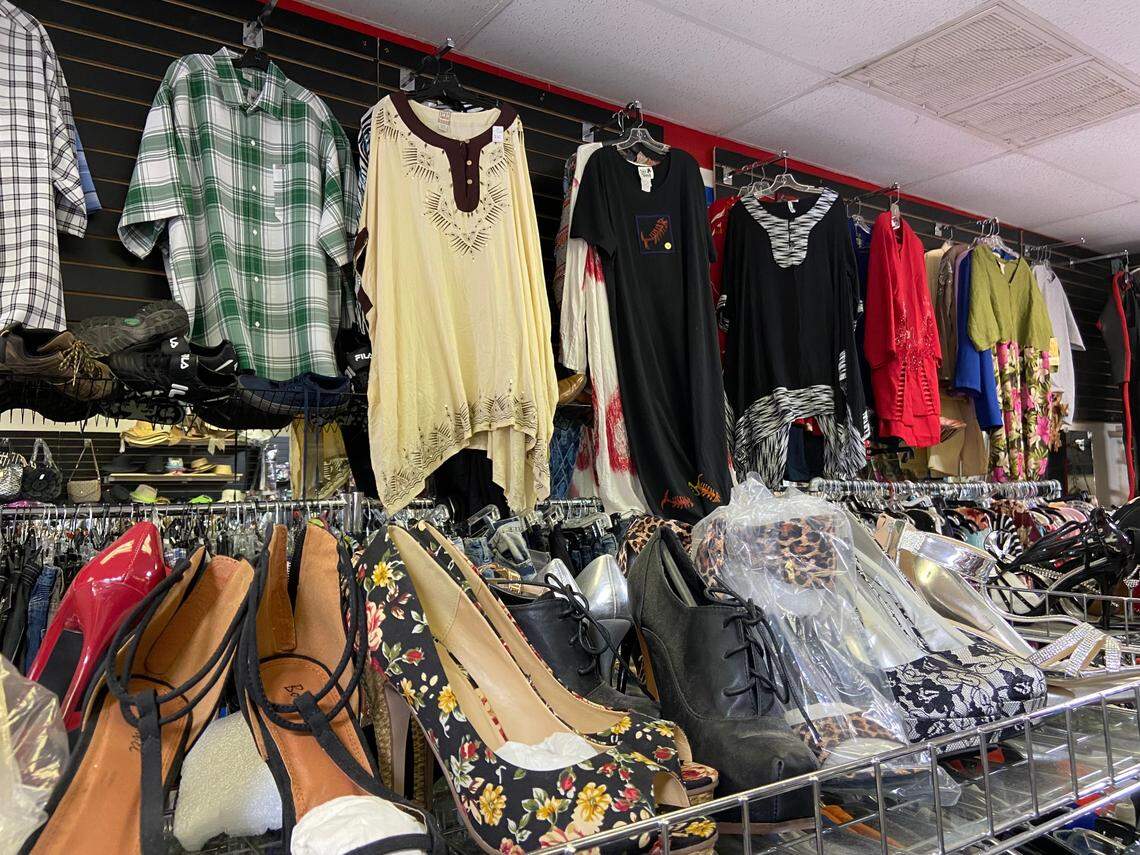 New clothing with African prints and used items are for sale at Rainbow Star Thrift at Shaw and Marks avenues.
