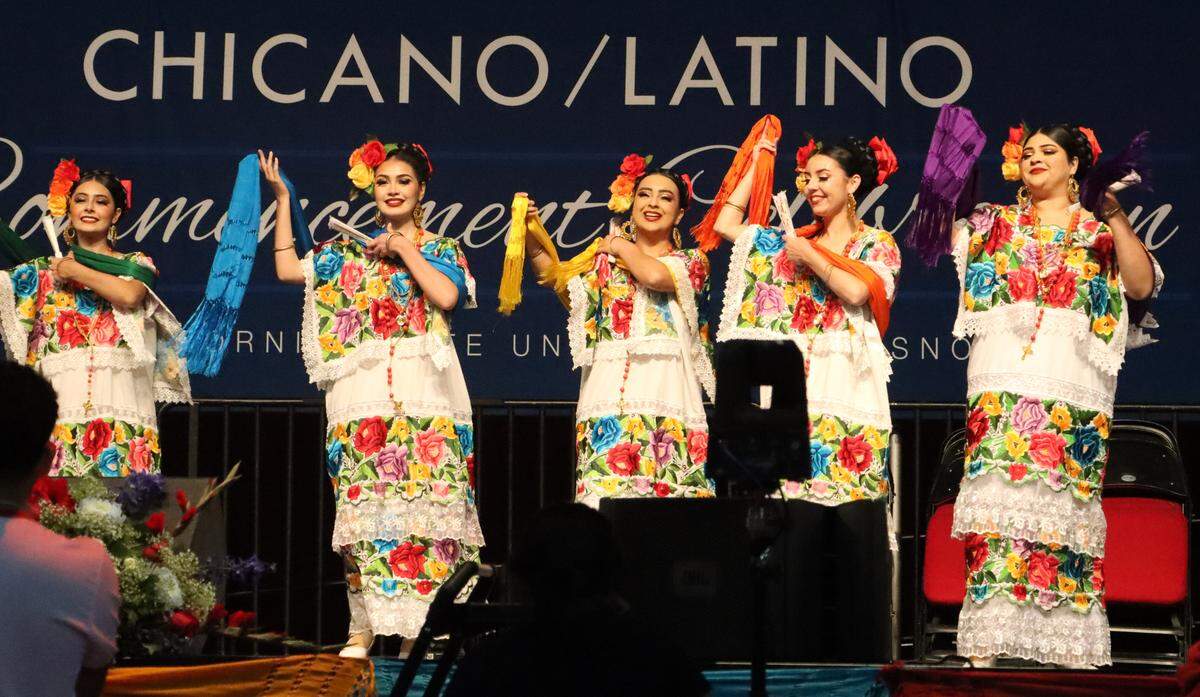 Los Danzantes de Aztlán perform at Fresno State’s 49th Chicano/Latino Commencement Celebration at the Save Mart Center on May 17, 2025.