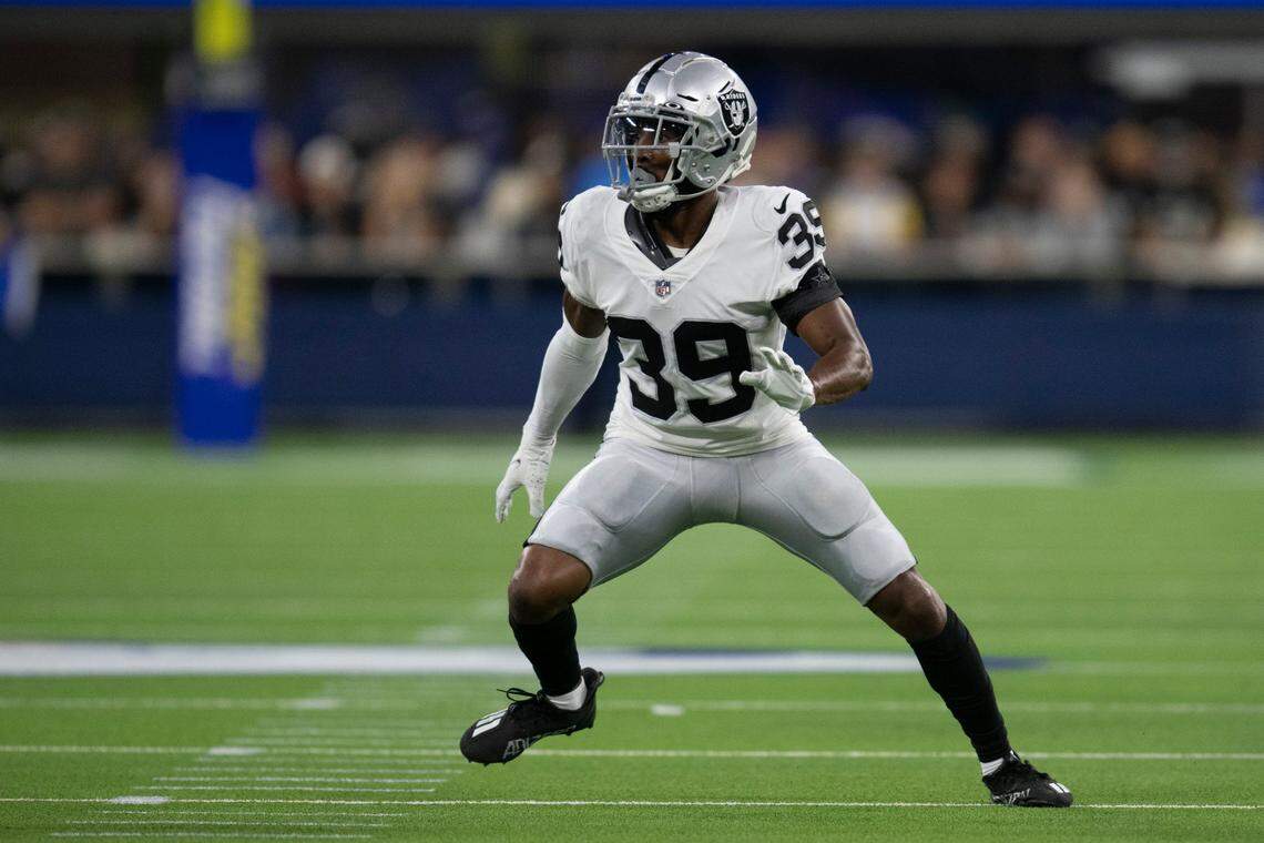 Las Vegas Raiders cornerback Nate Hobbs (39) during an NFL preseason football game against the Los Angeles Rams Saturday, Aug. 21, 2021, in Inglewood, Calif.