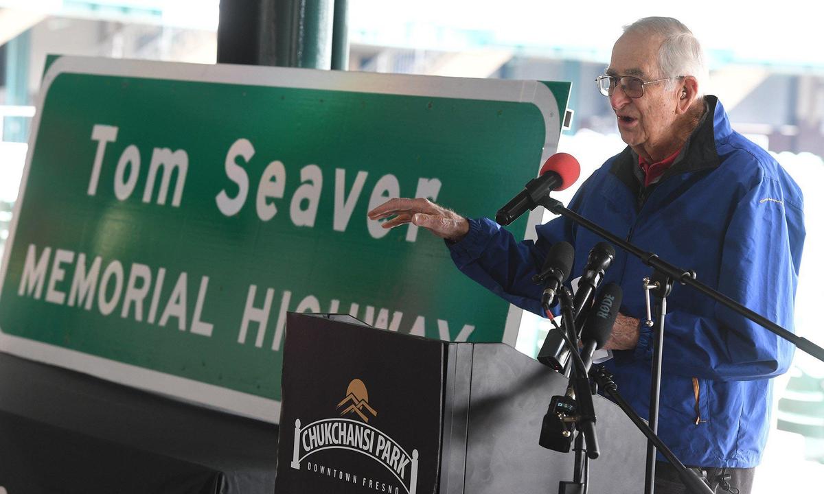 Len Bourdet, Tom Seaver’s coach at Fresno City College,&nbsp;talks about his star player during a ceremony dedicating a section of Highway 41 between Jensen and Ventura avenues, as “Tom Seaver Memorial Highway” Friday March 4, 2022, at Chukchansi Park.