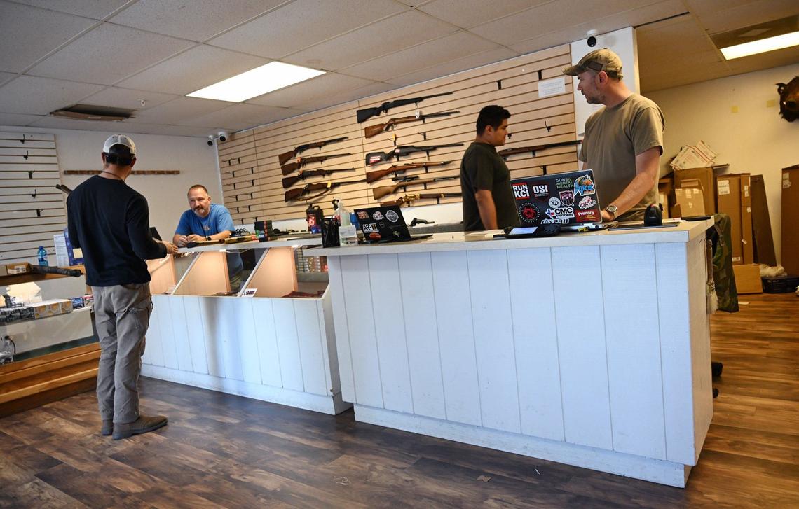 Business continues at Ryan Farrell’s South Gate Firearm Supply which closes permanently on the last day of this month. Farrell cites high costs of doing business due to new state laws for selling firearms. Photographed Tuesday, Aug. 20, 2024 in Yosemite Lakes Park near Coarsegold, CA.