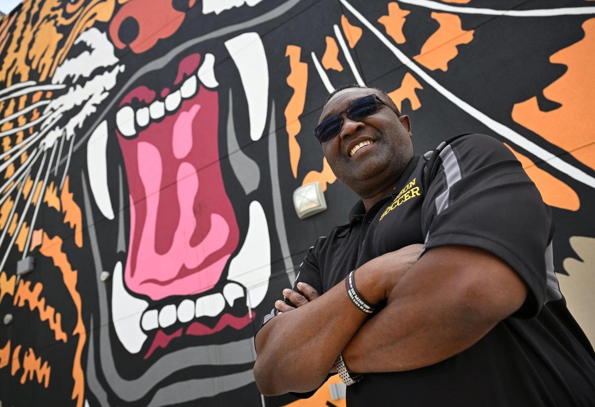 Edison head soccer coach Femi Olukanni is the Bee’s Coach of the year. Photographed Tuesday, April 22, 2025 in Fresno.