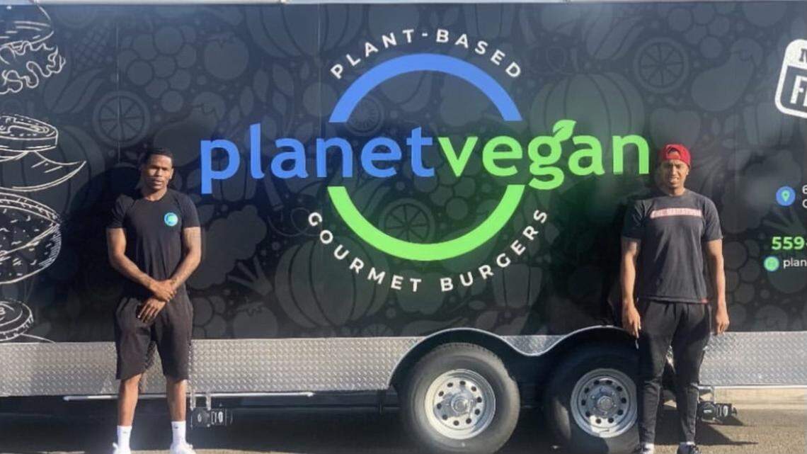 Planet Vegan co-owners Joe Ellis, left and Mike McElroy, right. Ellis was burned in a food truck explosion in central Fresno last week.