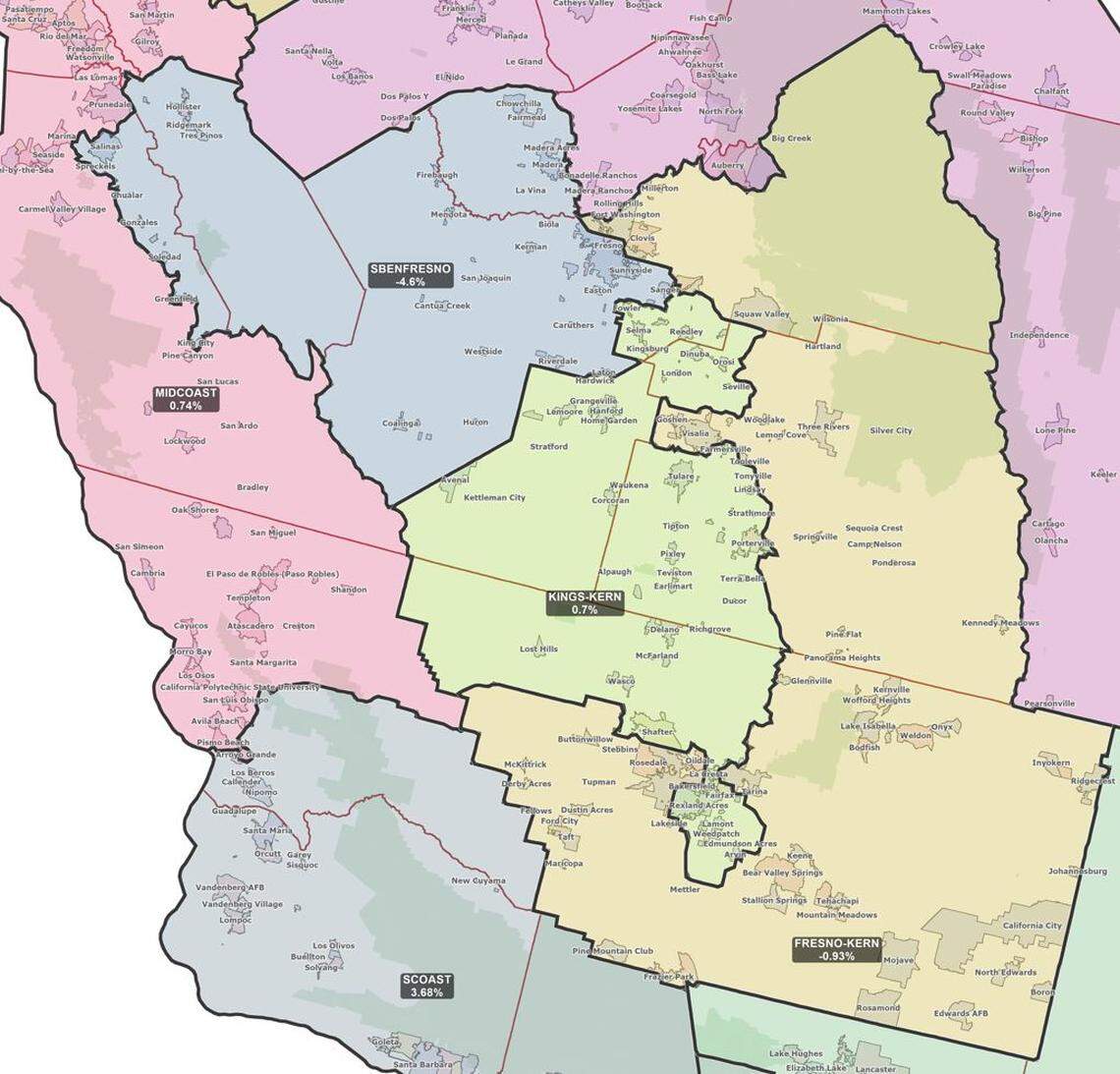 A draft state senate district puts Fresno and Bakersfield in one district.