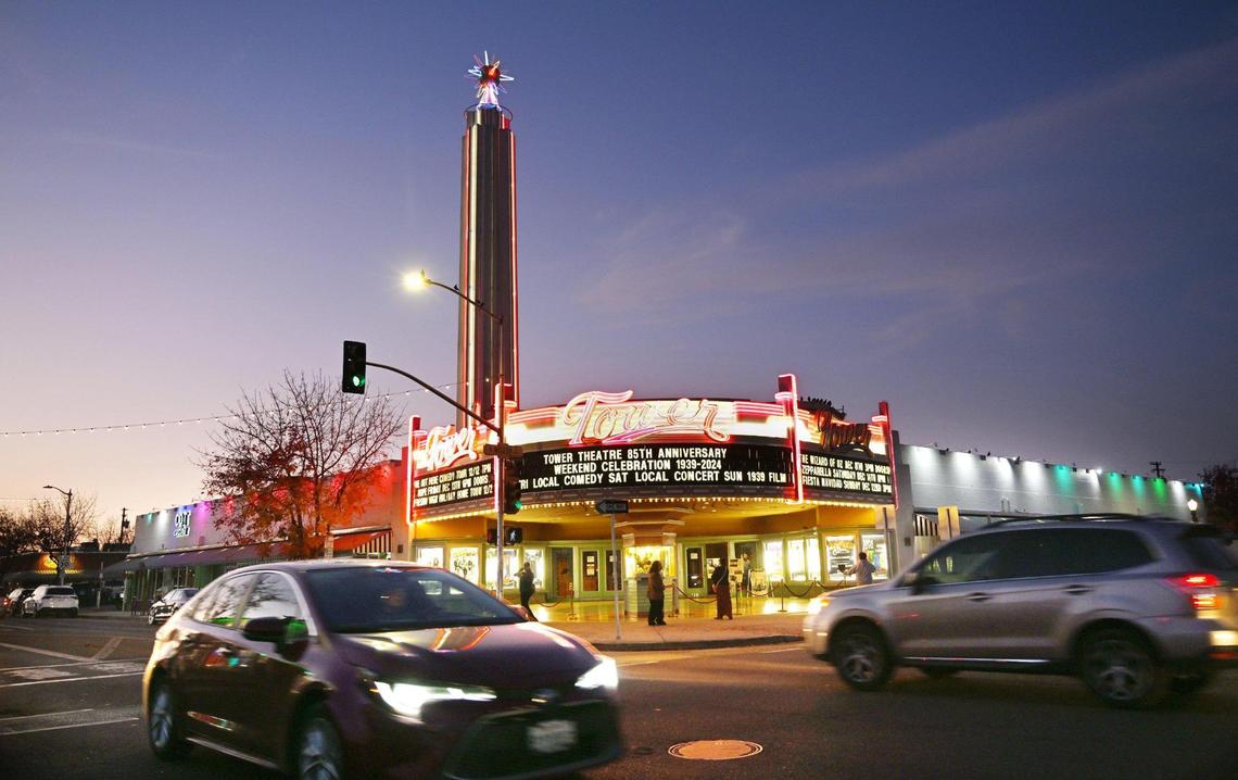 The Tower Theatre is seen during the Fresno High Neighborhood Holiday Home Tour Monday evening, Dec. 2, 2024 in Fresno.