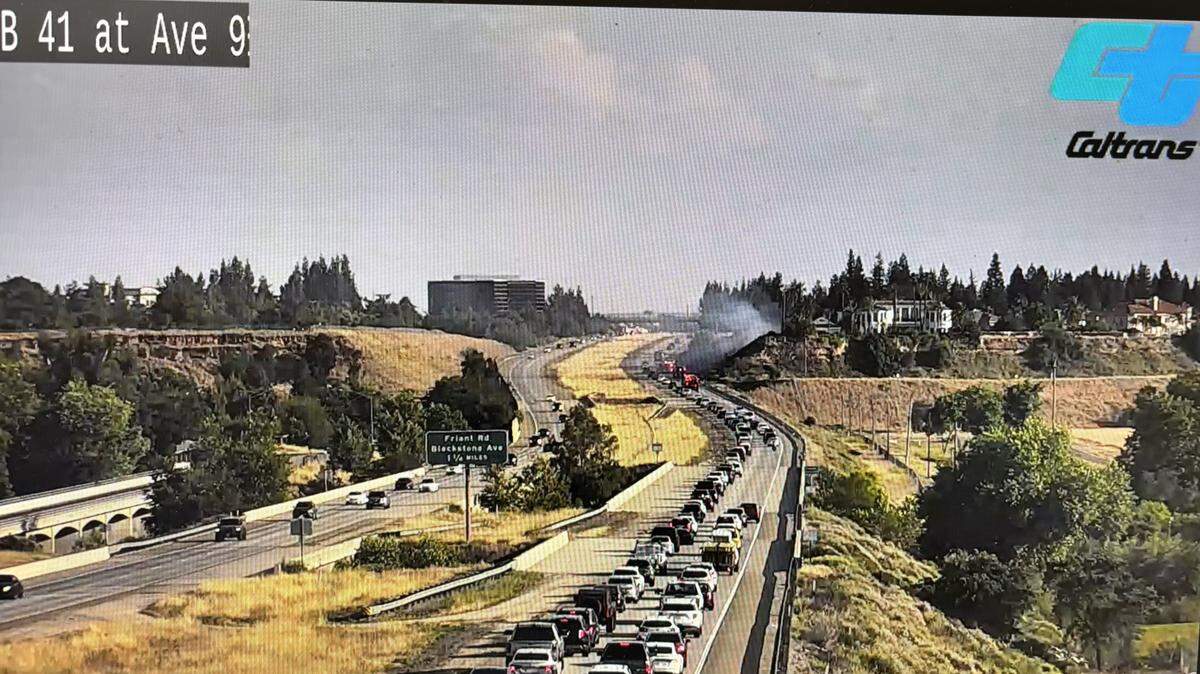 View from the Caltrans camera showing slow traffic that at times come to a stop on Highway 41, near Friant Road.