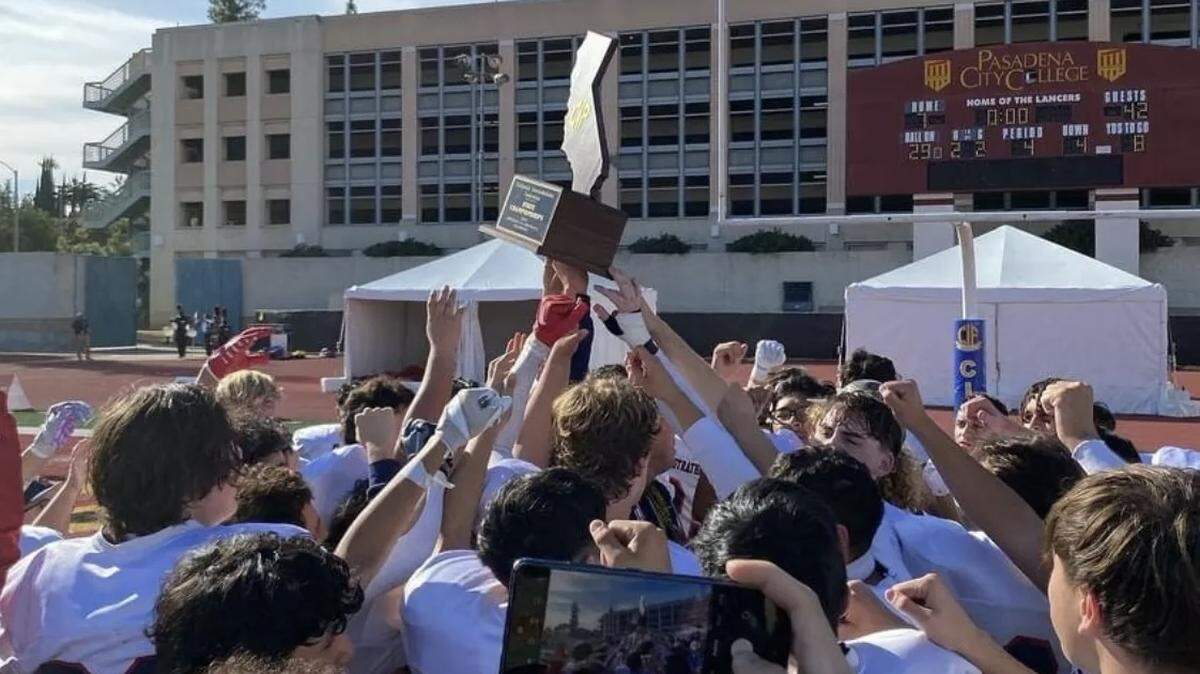Strathmore High celebrates a CIF Division 7-A state title after a 42-7 victory over Bell Gardens at Pasadena City College on Saturday, Dec. 9, 2023.