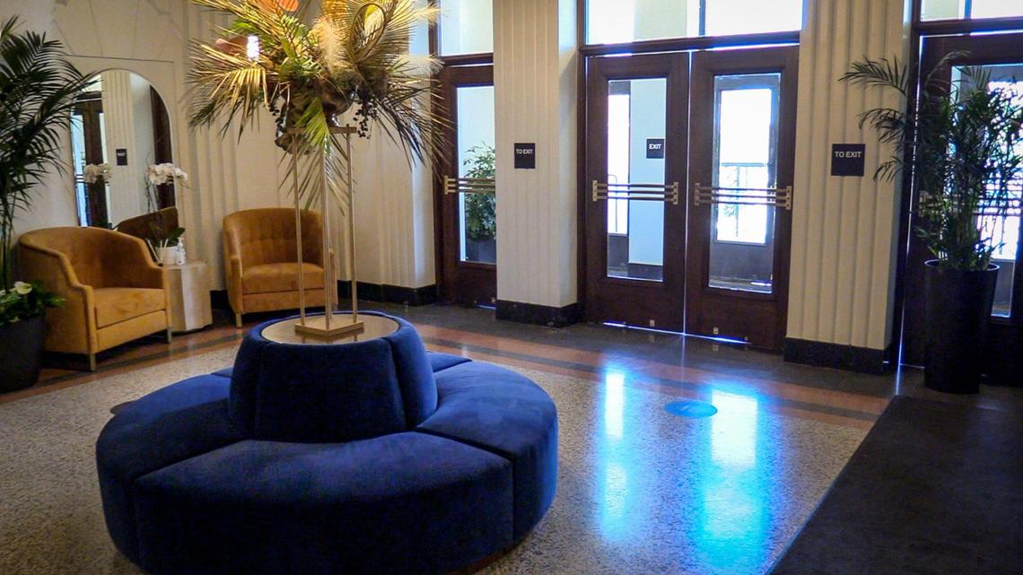 The lobby of the Darling Hotel is largely as it looked when it was the Tulare County Courthouse Annex, with period furniture, lighting and other accents added in.