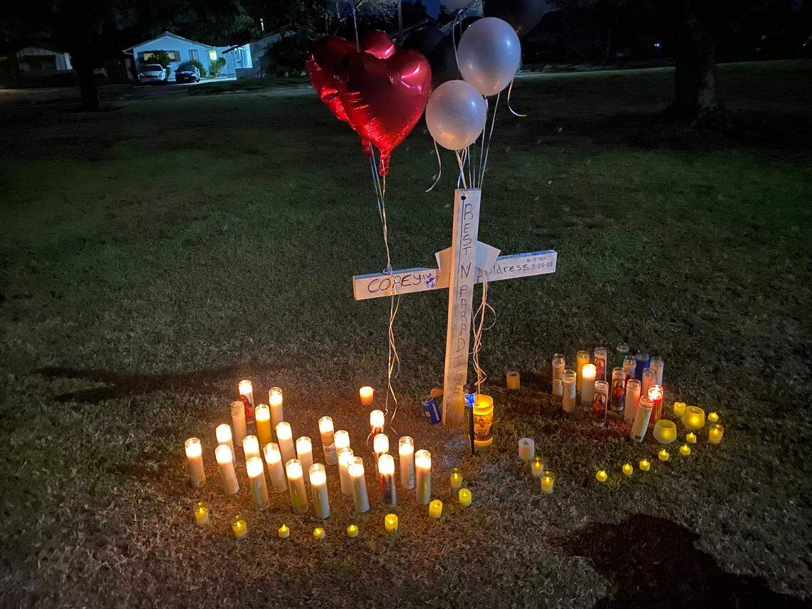 A memorial for homicide victim Corey Childress remained up March 22, 2022, from the previous night in Tollhouse Park in Fresno within walking distance of where he was killed.