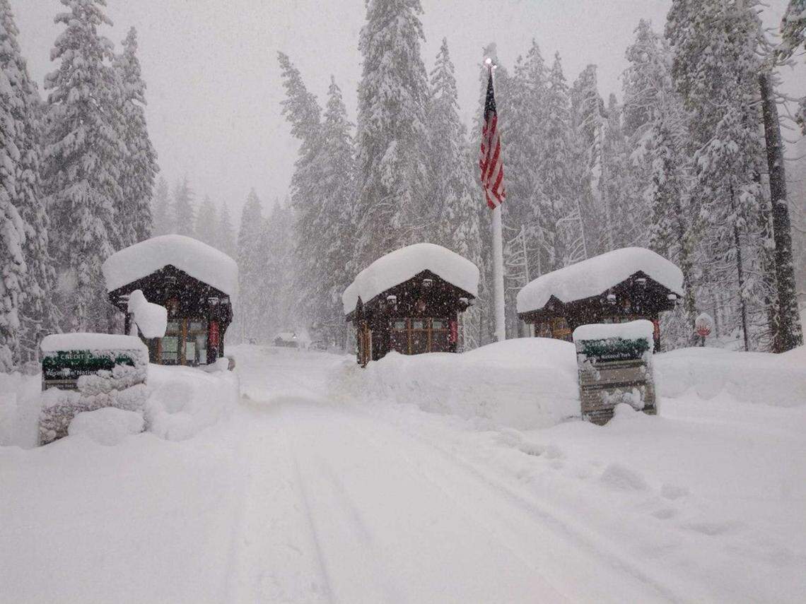 Heavy snow at the south entrance of Yosemite National Park via Highway 41 on Jan. 28, 2021.