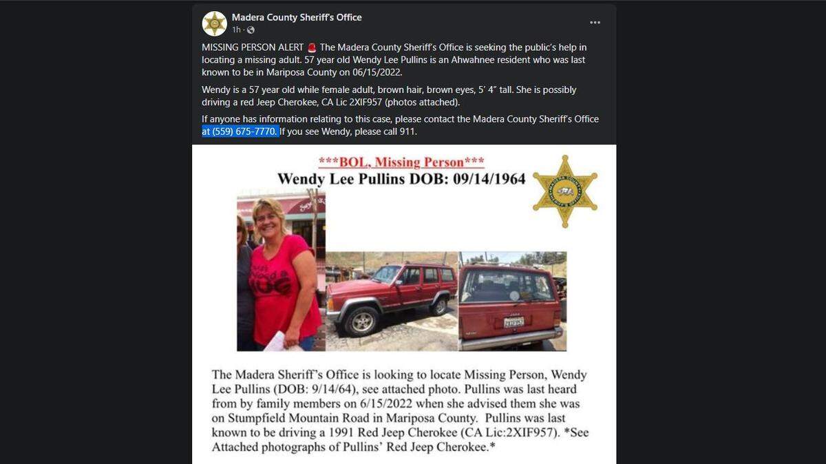Wendy Lee Pullins, 57, from Ahwahnee, has been missing since June 15, 2022.