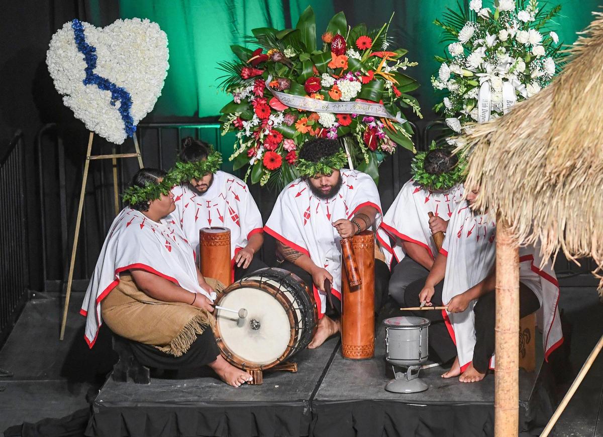 A Polynesian drum tribute is performed during a memorial service held for Fresno County Sheriff’s Office correctional officer Toamalama Scanlan at the Save Mart Center in Fresno on Monday, Oct. 25, 2021.