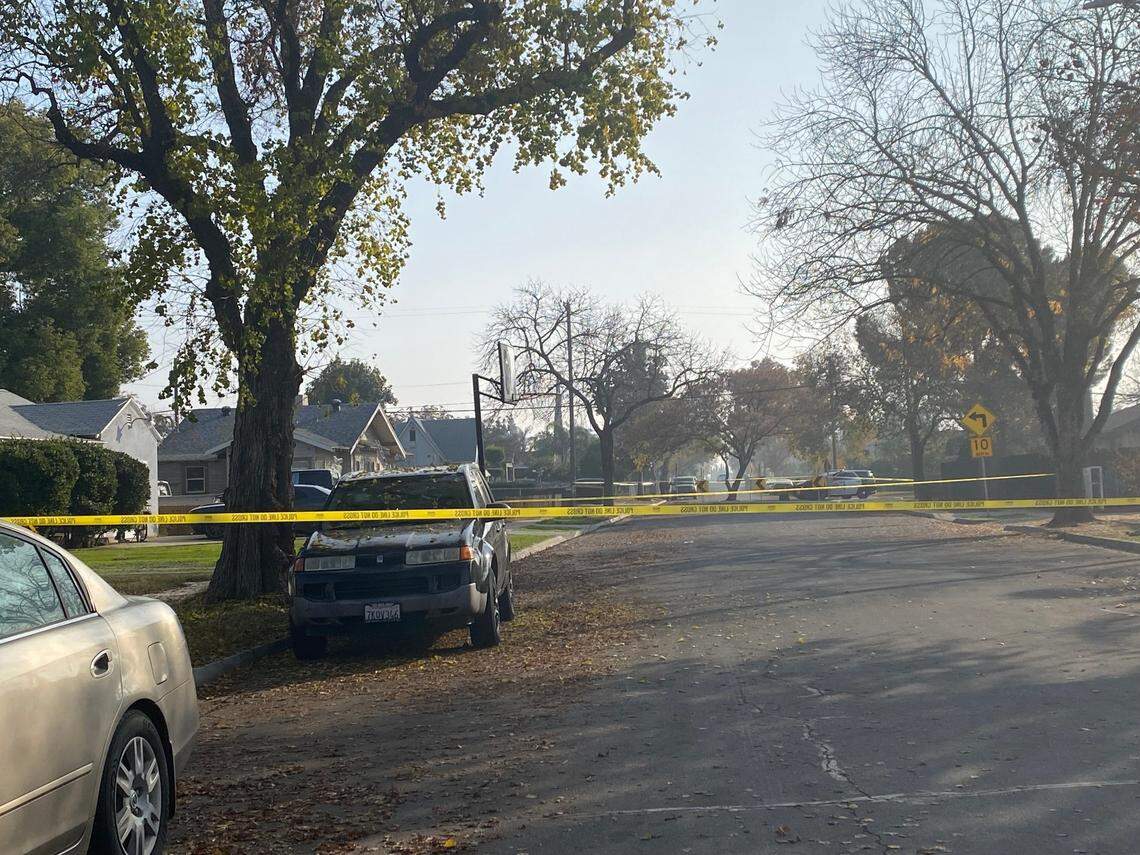 Fillmore Street is blocked after a man was stabbed to death multiple times in Fresno, California on Saturday, Dec. 7, 2024.