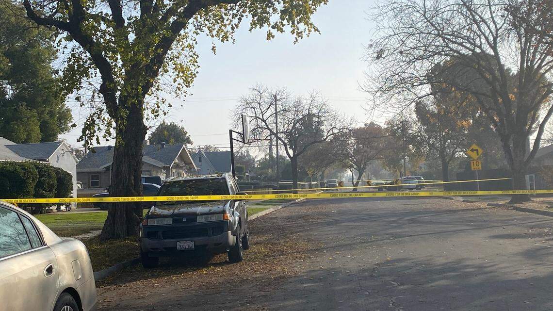 Fillmore Street is blocked after a man was stabbed to death multiple times in Fresno, California on Saturday, Dec. 7, 2024.
