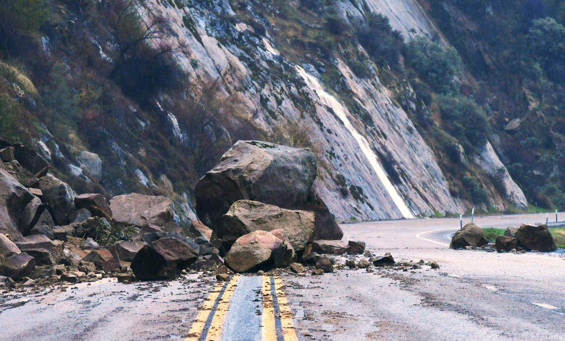A rock fall is seen along HWY 168 as an atmospheric river continues to dump rain and create road hazards Monday, Jan. 9, 2023 in Fresno.