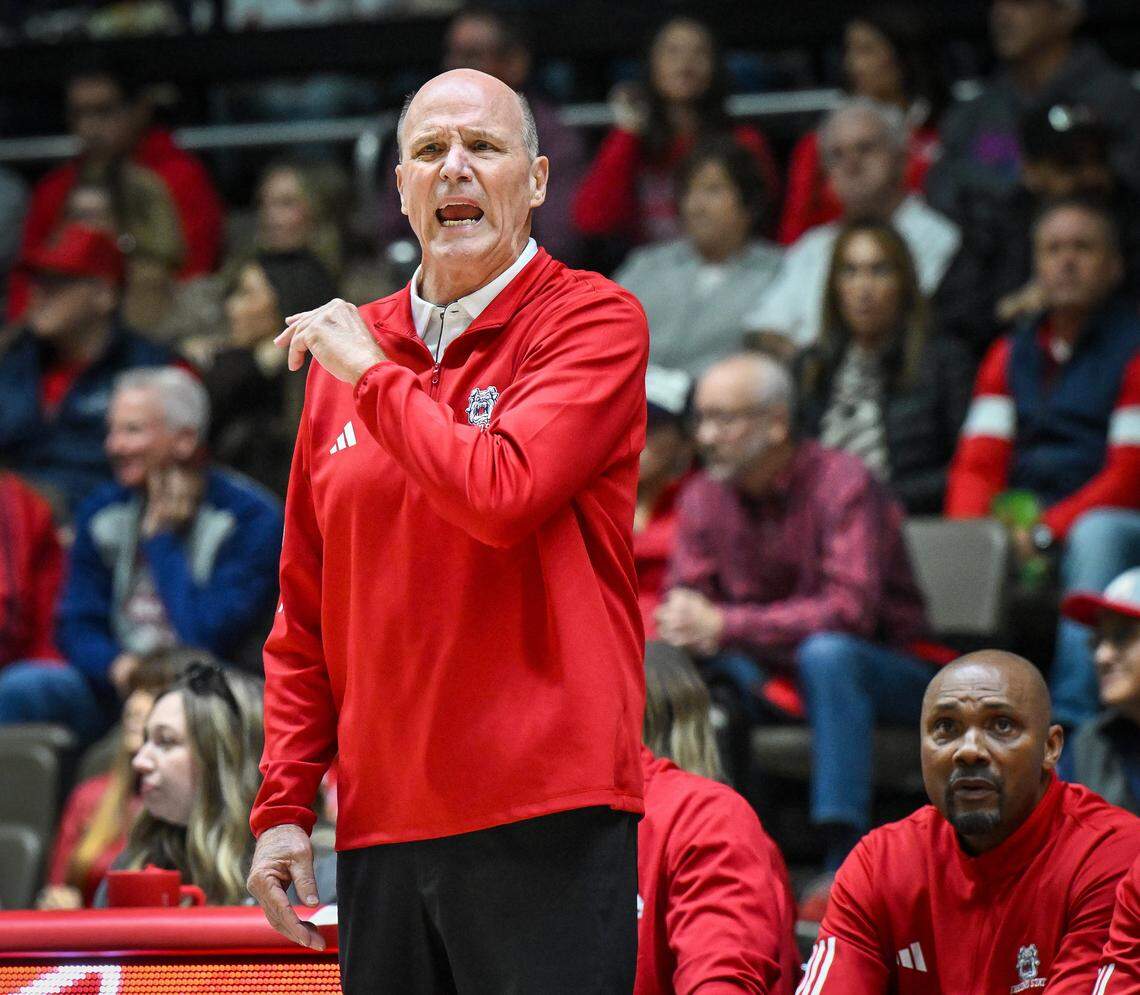 Fresno State head coach Vance Walberg makes calls from the bench during their non-conference game against CSU Bakersfield at Selland Arena in downtown Fresno for the “Return to Selland” game on Sunday, Nov. 30, 2025.