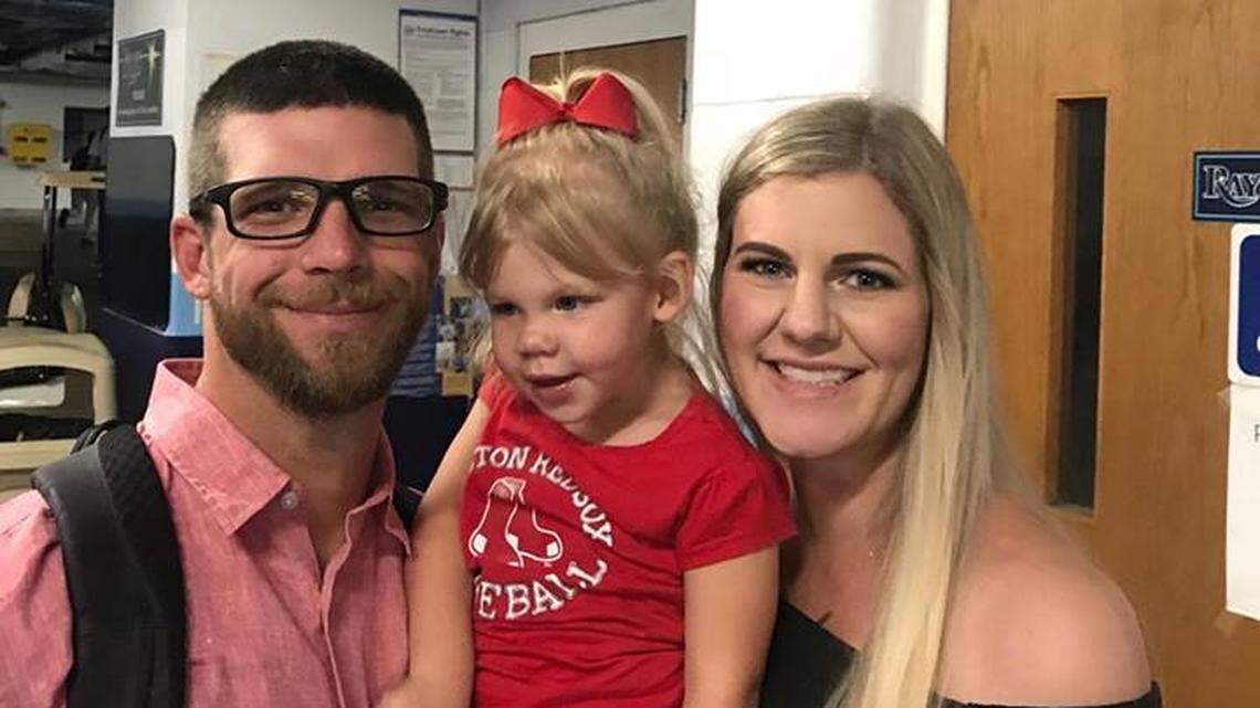 Marcus Walden poses with wife, Nichole, and daughter Sutton in Tampa where the Boston Red Sox are facing the Tampa Bay Rays. Walden made the 40-man roster.