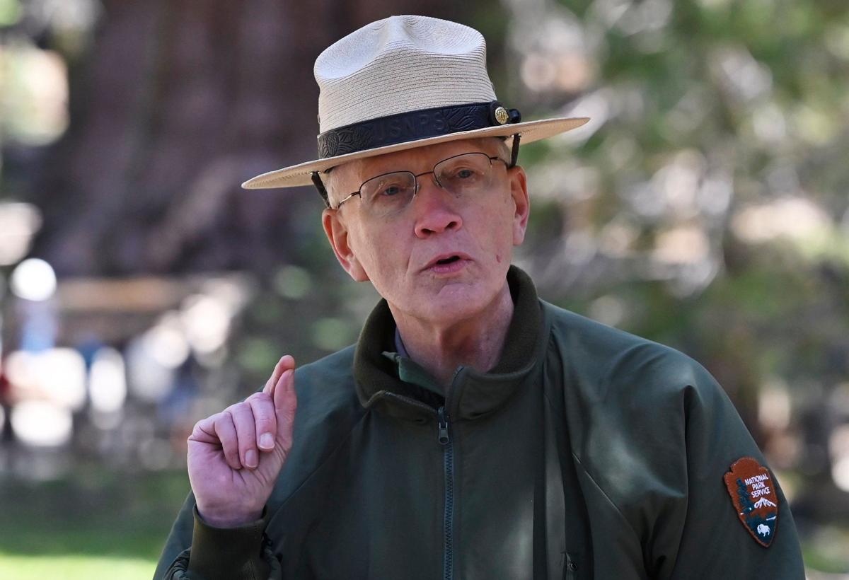Sequoia and Kings Canyon National Parks Superintendent Clay Jordan delivers the result of a health inspection of the General Sherman giant sequoia during a media event Tuesday, May 21, 2024 in Sequoia National Park.