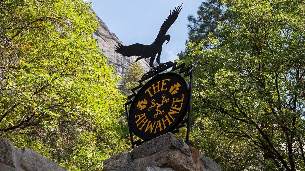 The Ahwahnee’s new welcome sign on its historic gatehouse, described as a historically accurate replica of the original sign that was stolen from the Yosemite Valley hotel in 2016.