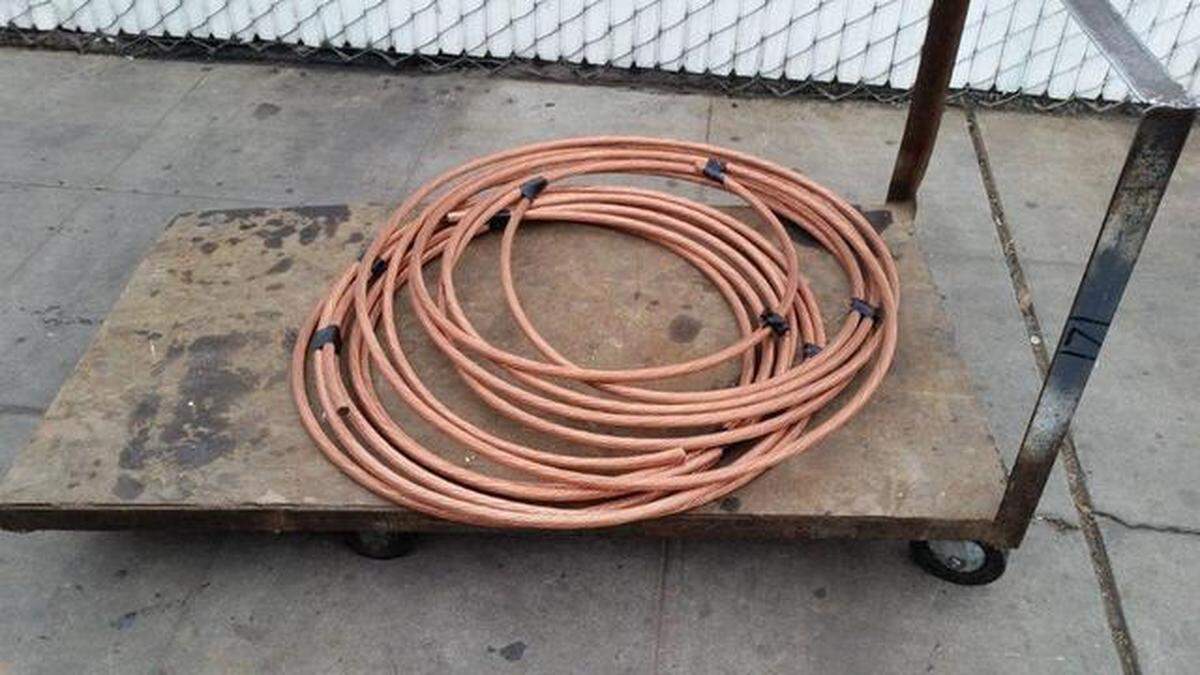 The Fresno County Sheriff’s Office displays hundreds of pounds of commercial-grade copper wiring seized during a 2015 arrest.