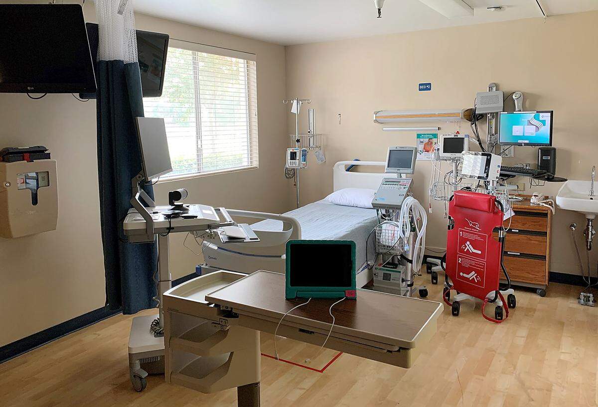 The intensive care unit set-up at Memorial Hospital Los Banos is equipped with devices for communicating with the e-ICU. The hospital was one of two Merced County hospitals that scored A grades from The Leapfrog Group.
