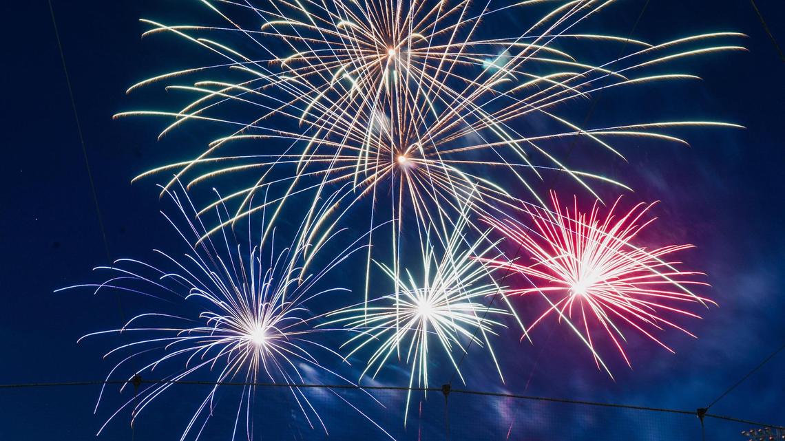 Fireworks explode in the sky during a Fourth of July fireworks show at Chukchansi Park following a game between the Fresno Grizzlies and Rancho Cucamonga Quakes. The Grizzlies won the game 2-1. There are two more fireworks shows scheduled for Saturday and Sunday’s games.