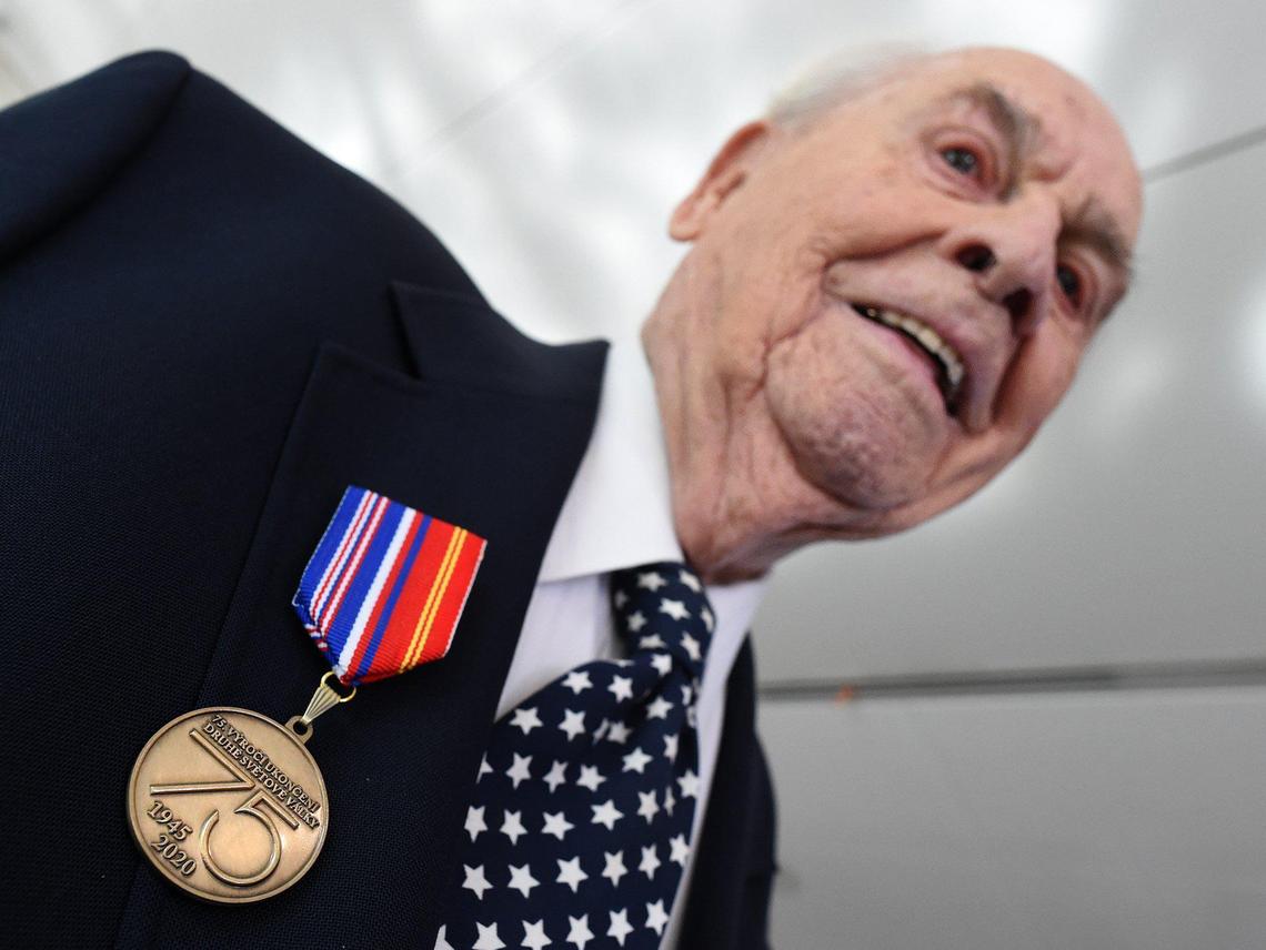 World War II Army veteran Vernon Schmidt, 96, proudly wears the Czechoslovakian Honorary Commemorative&nbsp;Medal for his merits in liberating Czechoslovakia in May 1945 and Holocaust survivors from the Flossenburg concentration camp, that he was presented with by Czech Republic military envoy members, Thursday March 10, at the Clovis Veterans Memorial District.