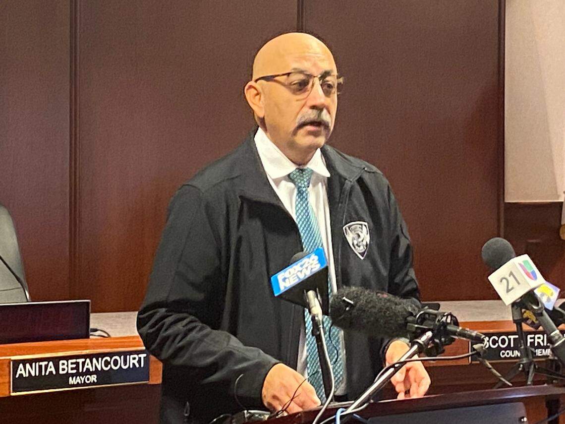 Reedley Police Chief Joe Garza speaks to media on Wednesday, Jan. 1, 2024, about a quadruple homicide that killed family members.