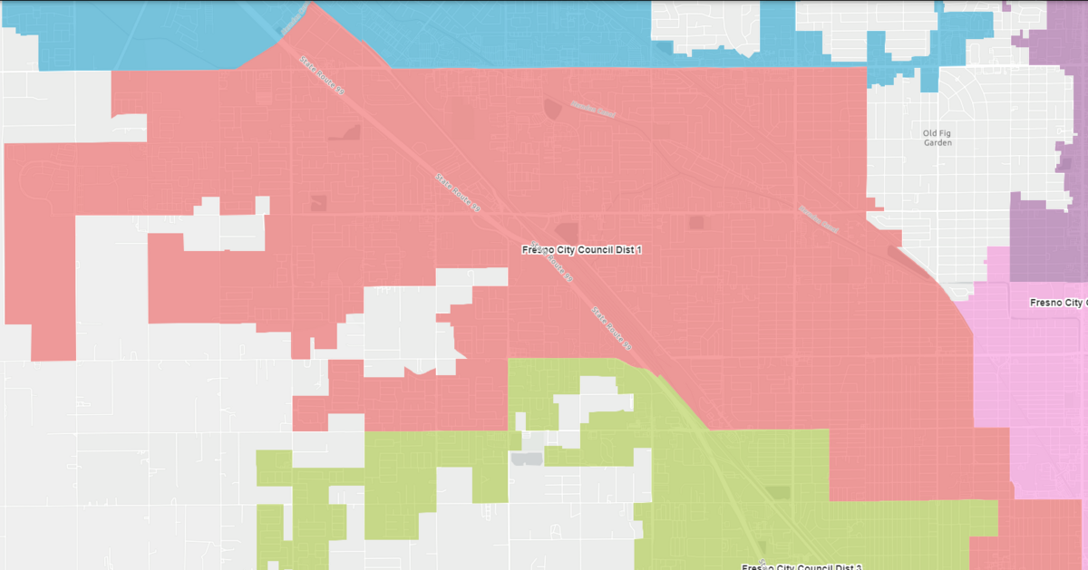 A map of the Fresno City Council District 1 boundaries.