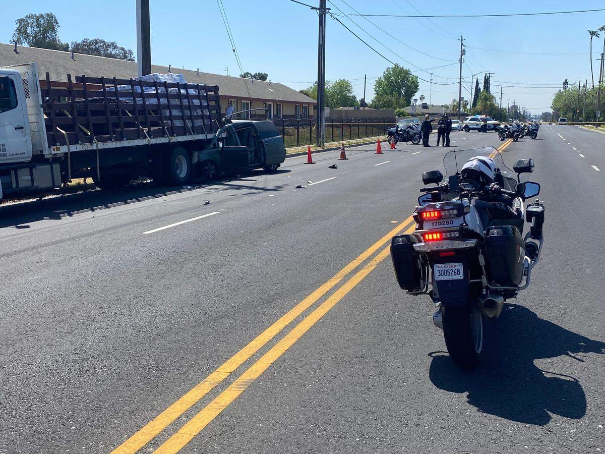 A man was killed when the minivan he was driving slammed into a parked work truck, police said Friday, April 28, 2023.