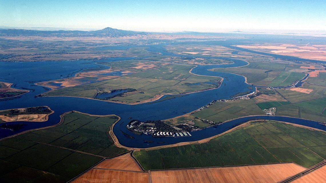 Aerial shot showing the San Joaquin River joining the Sacramento River, forming the Sacramento San Joaquin Delta area, northwest of Stockton. The fresh water then flows into the northern San Francisco Bay. Mount Diablo can be seen in the background. According to the California Water Atlas, 40% of California’s natural run off comes from the Sacramento-San Joaquin Delta area.