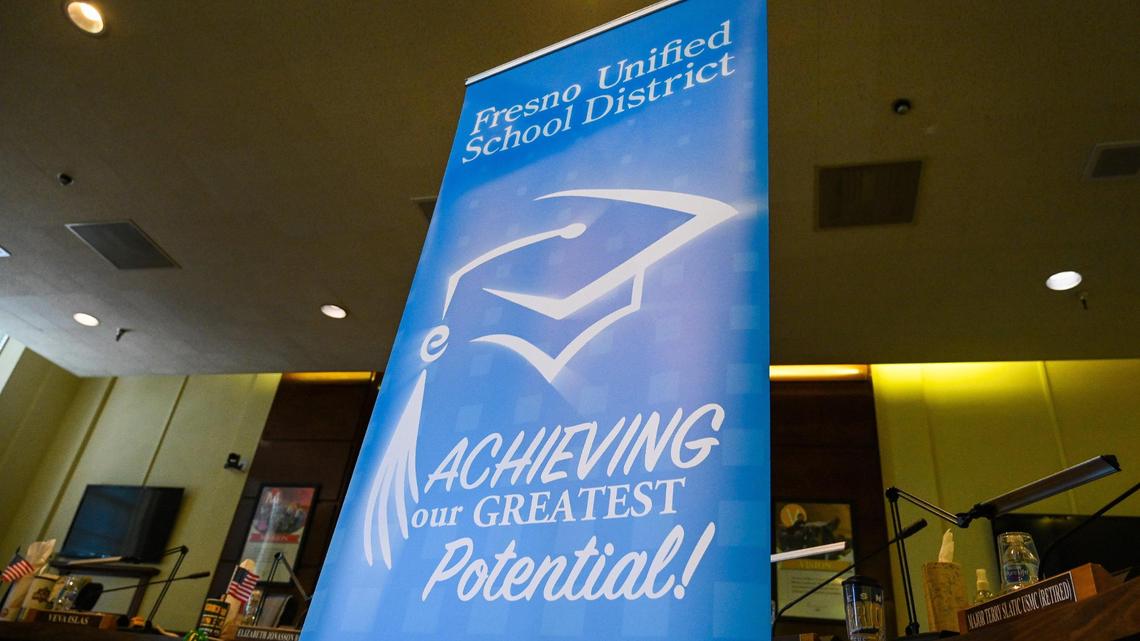 A sign in the Fresno Unified School District board chambers at the district office during a press conference at Fresno Unified on Wednesday, Sept. 5, 2022.